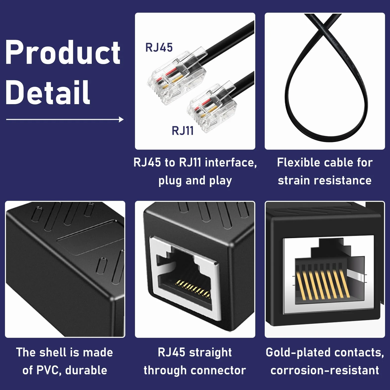 Zestaw 2 adapterów RJ45 na RJ11, adapter ADSL RJ45, złącze żeńskie RJ11 (6P4C) na męski (8P4C), kabel telefoniczny i łącznik Ethernet do telefonu, faksu, CCTV, modemu ADSL