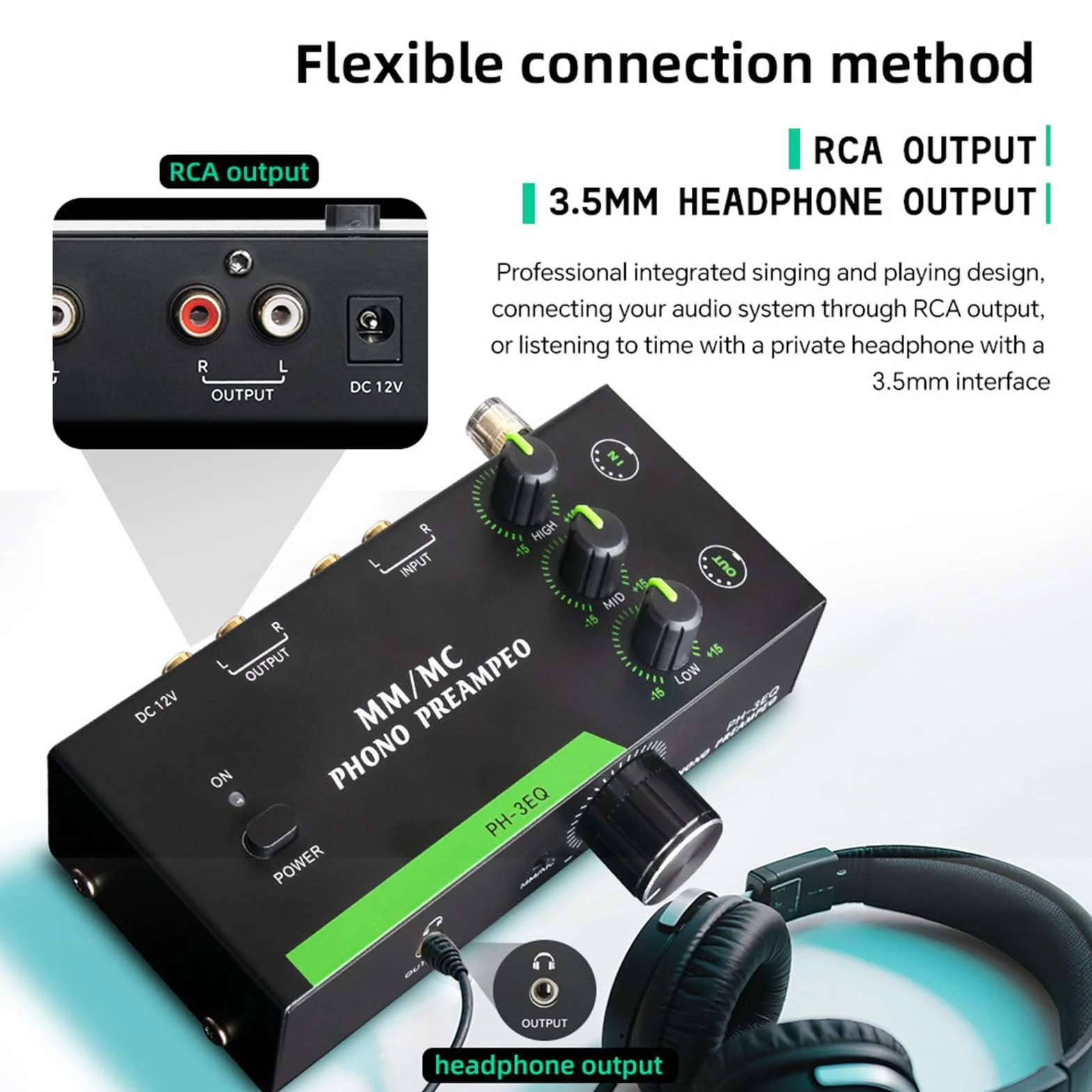 POENVFPO Phono Preamp, Przedwzmacniacz Fonografu Mini Stereo dla Odtwarzacza Rekordu Gramofonu, dla Przełączania Trybu MM/MC (wtyczka UE)