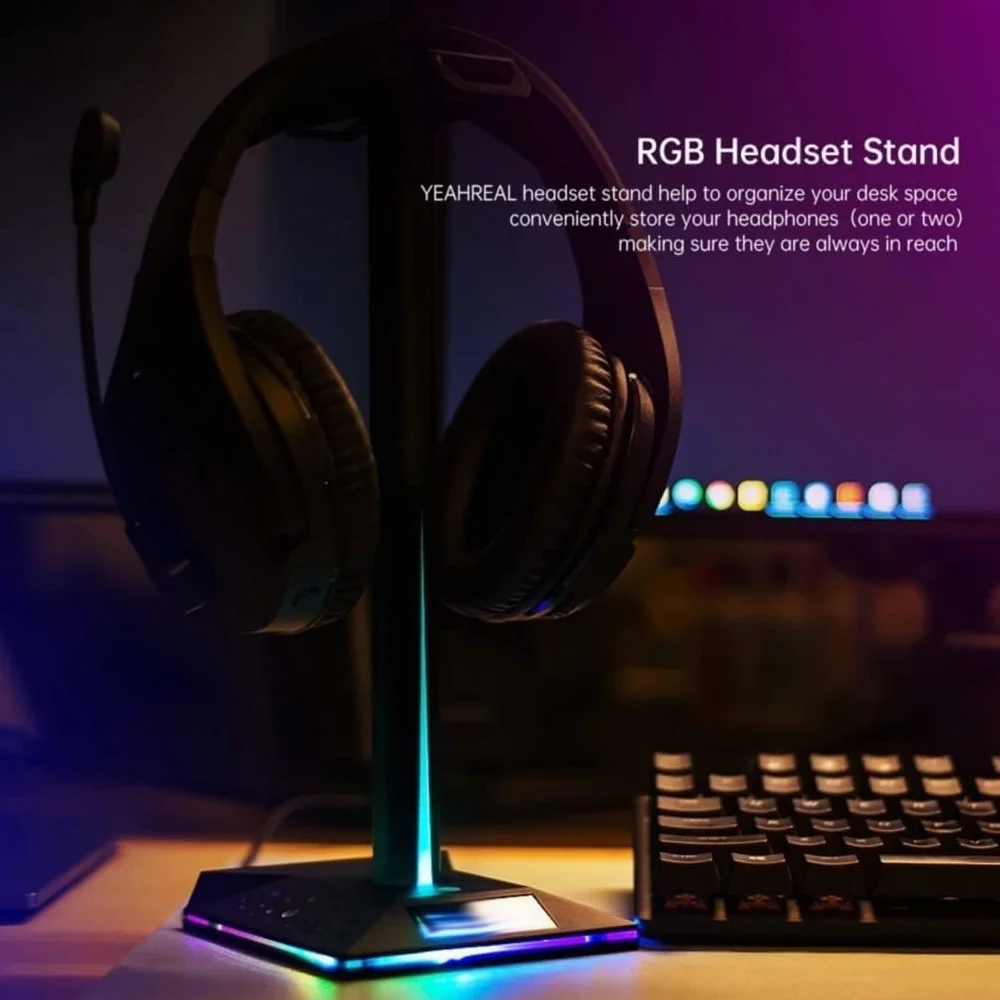 Uchwyt dla graczy RGB Stół do domowego biura Antypoślizgowy uchwyt na słuchawki z podwójną ładowarką USB 2(Black)