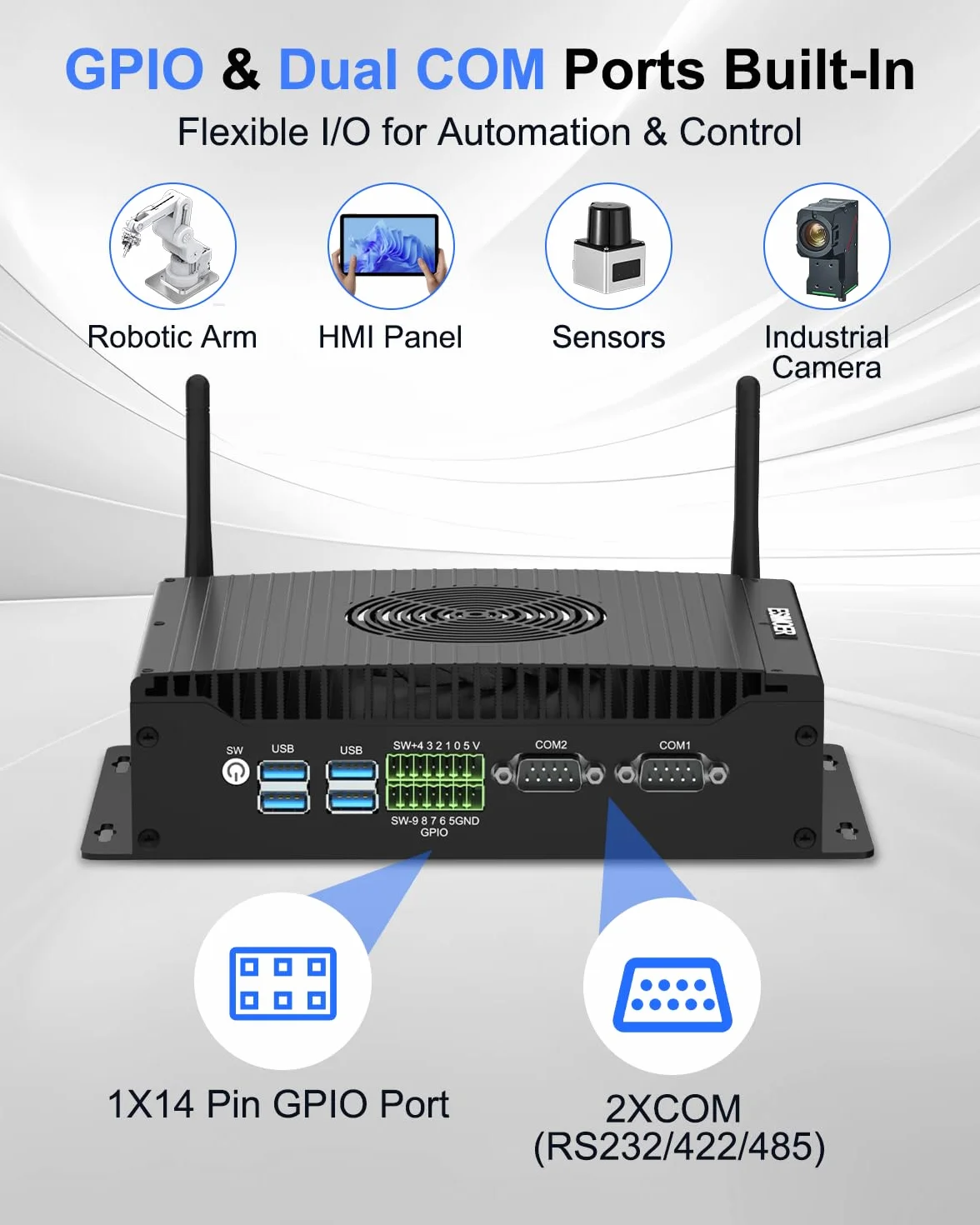 Przemysłowy Mini PC i5-1235U 16GB RAM 256GB SSD Wentylator | Triple 4K 60Hz, Dual LAN, 2x RS232/422/485, GPIO, WiFi 6, BT, 5.2, 12V-19V DC (12V 6A standard), -10°C do 60°C, Auto Power On
