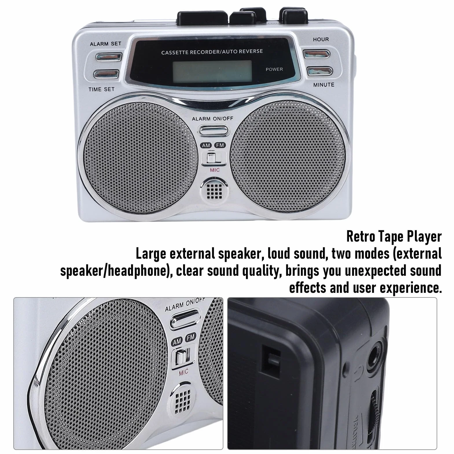 ASHATA Odtwarzacz Kasetowy w Stylu Retro z Radiem AM FM, Przenośny Odtwarzacz Kasetowy z Wbudowanym Głośnikiem Stereo i Gniazdem Słuchawkowym Zegar Cyfrowy z Zegarem, do Użytku na