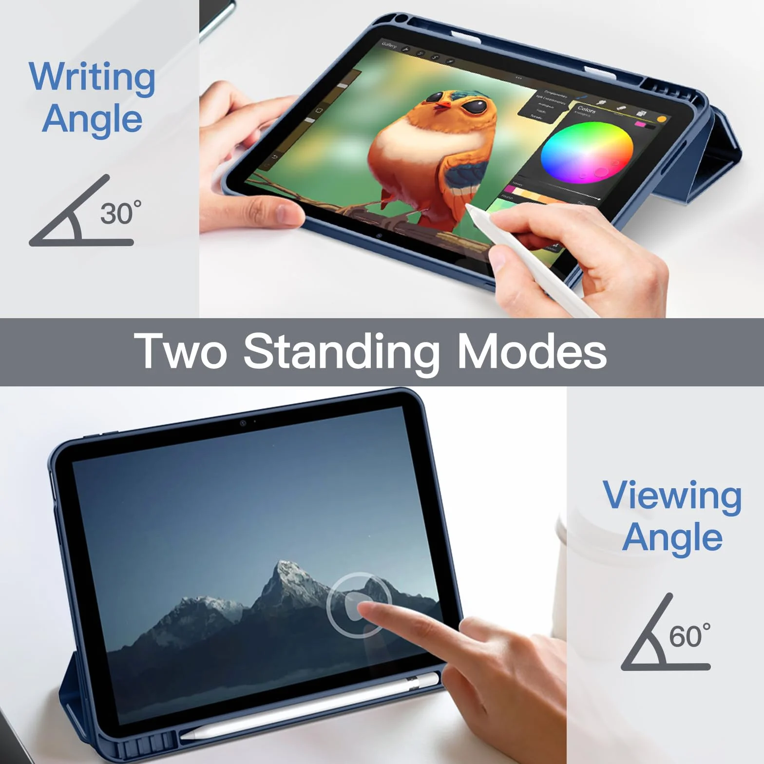 JETech Etui Matowe dla iPad (A16) 11./10. Generacja (2025/2022) z Pencil Uchwyt, Matte Półprzezroczysta Tyłna Obudowa Slim Stojak Ochronny Case (Granatowy)