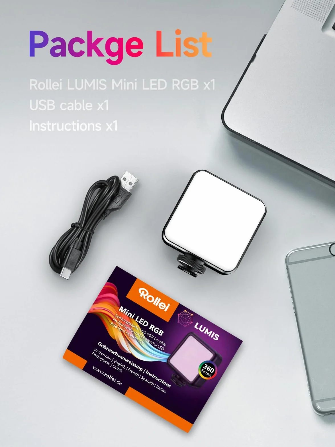 Rollei Lumis Mini RGB-Color światło ciągłe LED, lampa wideo z 60 diodami LED, 2500-9000 K, 6 W, 200 luksów (0,5 m przy 5500 K) | te Led Camera CRI 95+, wbudowany akumulator i ładowanie typu C