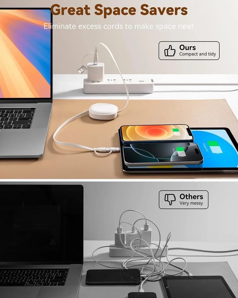 Minlu Kabel do ładowania Multi 65 W, zwijany kabel do ładowania 5 w 1, szybkie ładowanie, kabel do ładowania Multi USB z transferem danych, USB C na USB C [65 W] + Lightning [27 W] do iPada, Samsunga | Multi kabel do ładowania z transferem danych, USB C n