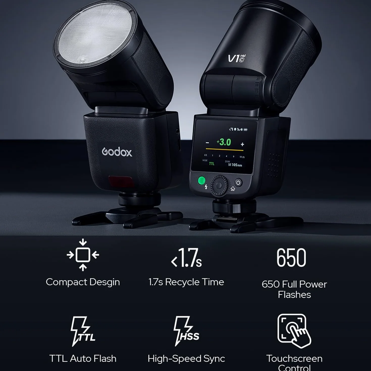 GODOX V1 Mid O lampa błyskowa do aparatów Olympus Speedlite,55W, 2,4GHz TTL | 1/8000 HSS,650 świateł o pełnej mocy, czas recyklingu 1,7 s, Lampa sterownicza LED 2W 10 poziomów