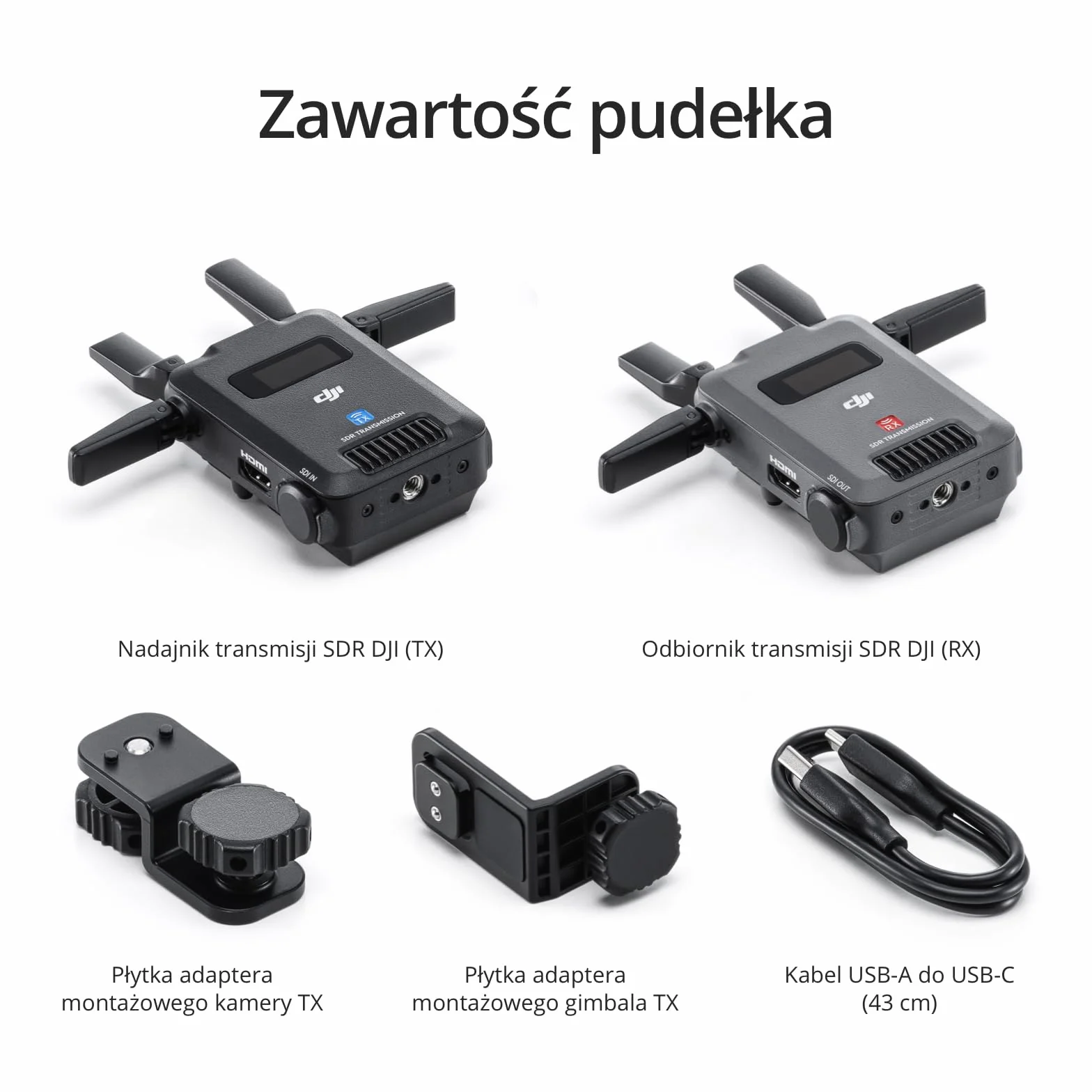 Zestaw transmisji SDR DJI, bezprzewodowa transmisja wideo SDR 1080p/60 kl./s do 3 km, nadajnik i odbiornik, stabilność i brak zakłóceń, duża moc sygnału, wysoki bitrate, monitorowanie przez USB-C