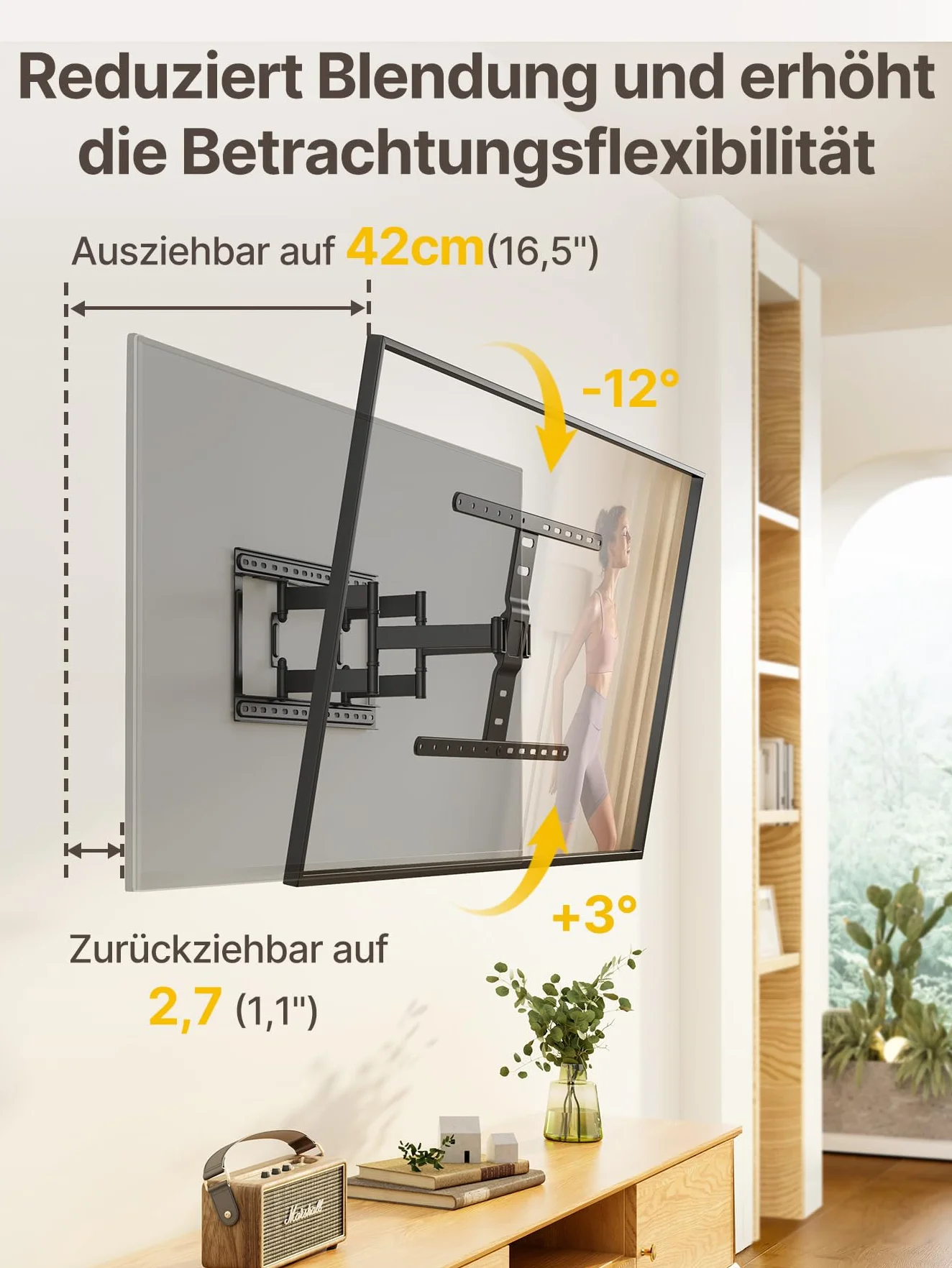 monTEK Ultra cienki uchwyt ścienny do większości telewizorów 43-90 cali, cienki uchwyt na telewizor 1,1", podwójny wychylny, maks. VESA 600 x 400 mm, do ~ 60 kg