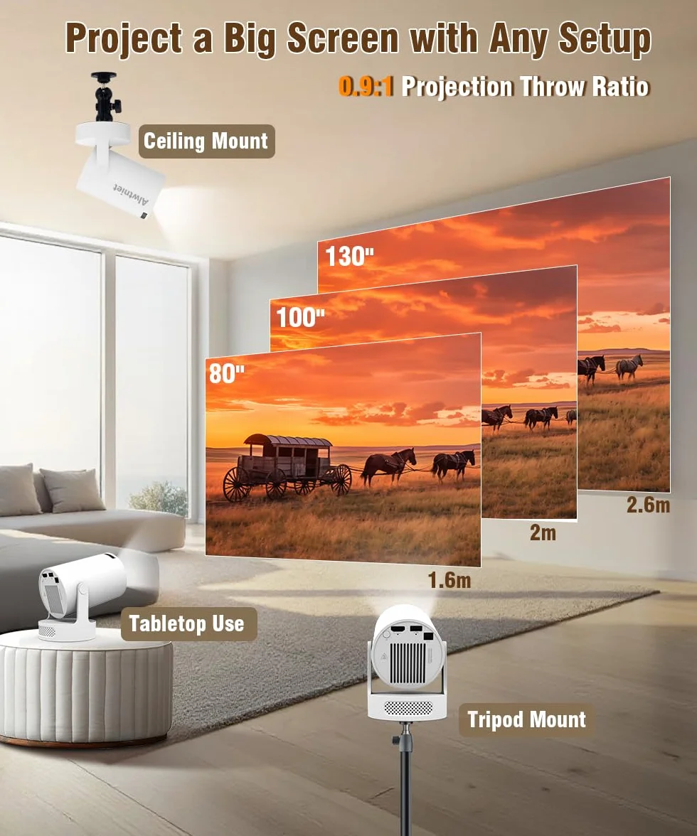 Alwtniet Mini projektor, 4K, Wi-Fi 6 i Bluetooth 5.4, głośnik 5 W, automatyczna korekcja trapezu, obracany o 180°, przenośny do domu i na zewnątrz, z systemem Android