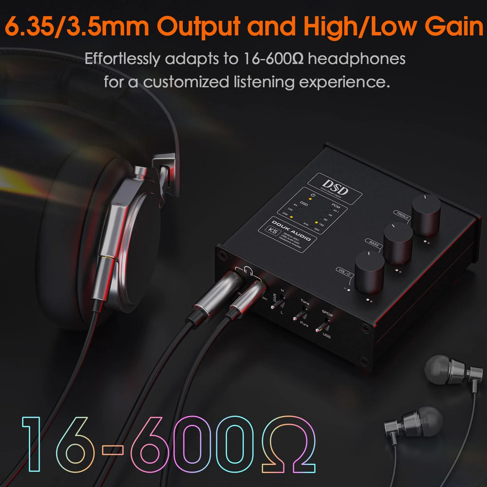 Douk Audio K5 PC DAC wzmacniacz słuchawkowy z wejściem USB i optycznym DSD256 do wzmacniaczy, głośników, komputerów Mac i PC