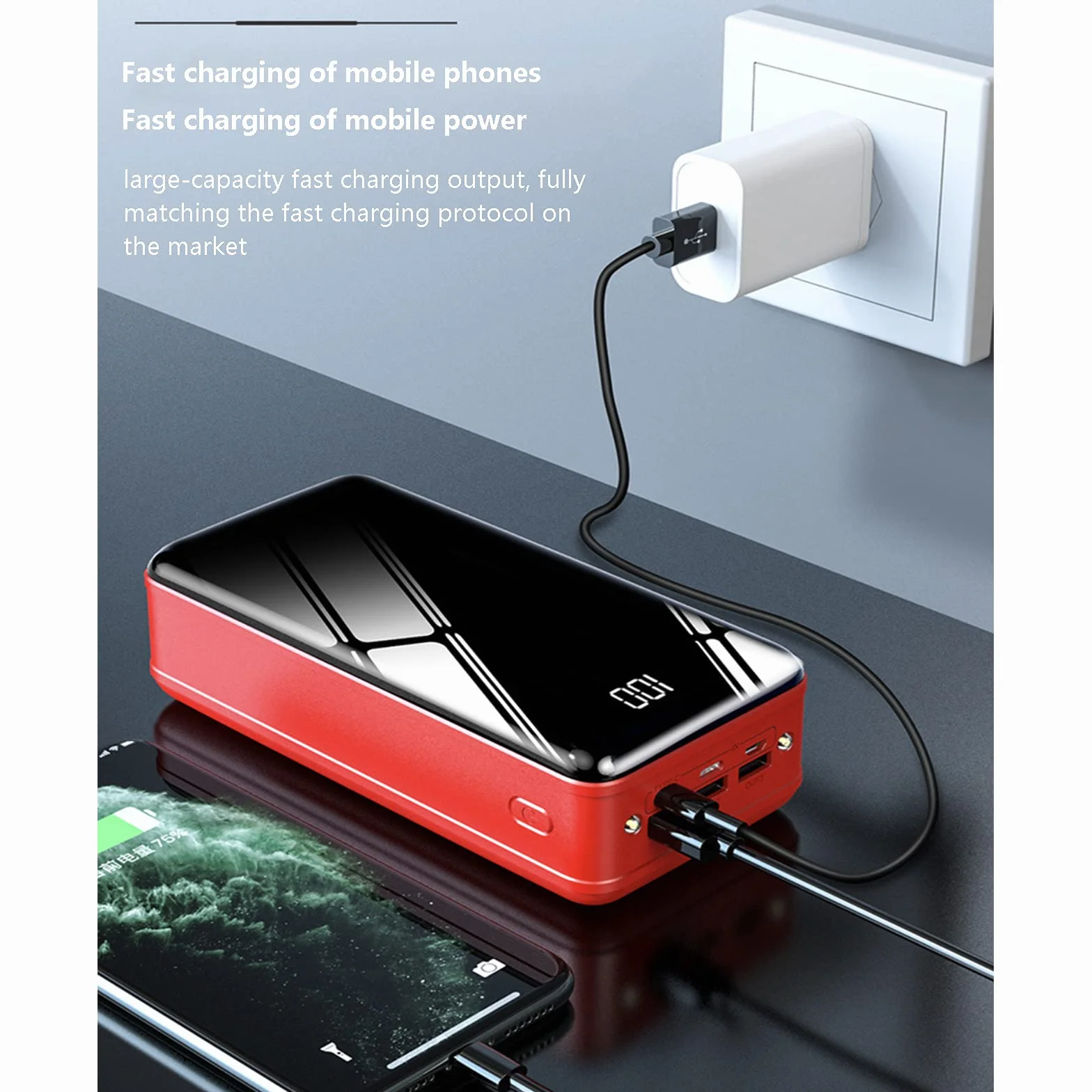 Powerbank, przenośna ładowarka 10 0000 mAh z wyjściami i wejściami, szybka ładowarka do iPhone'a z latarką, zewnętrzny akumulator USB-C o bardzo dużej pojemności (rozmiar: czerwony, kolor:40000