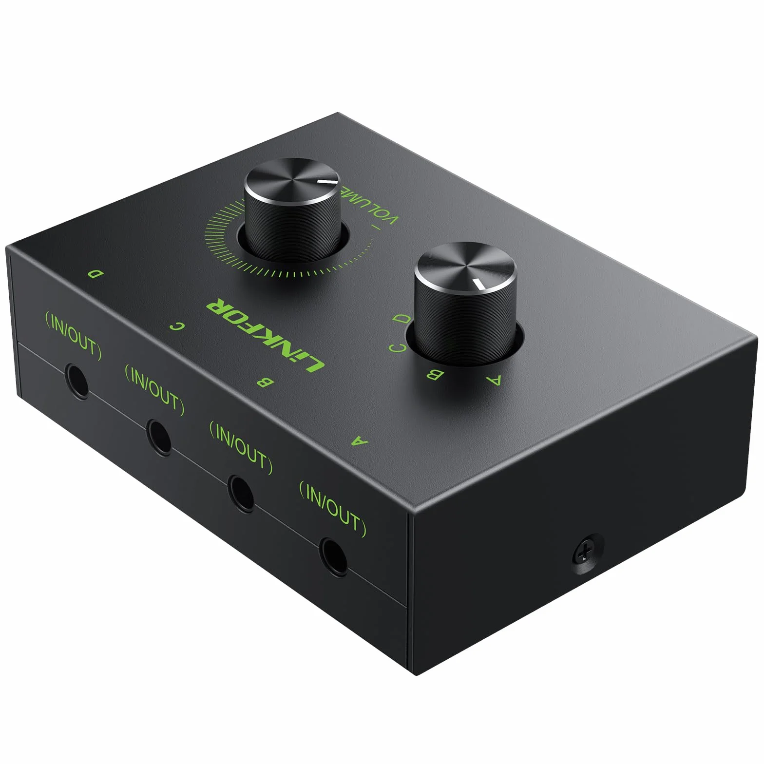LiNKFOR 4-portowy przełącznik audio stereo 3,5 mm z regulacją głośności, dwukierunkowy przełącznik 1 w 4 wyjścia lub 4 w 1 wyjście AUX do słuchawek, głośników, komputera, laptopa, smartfona - nie