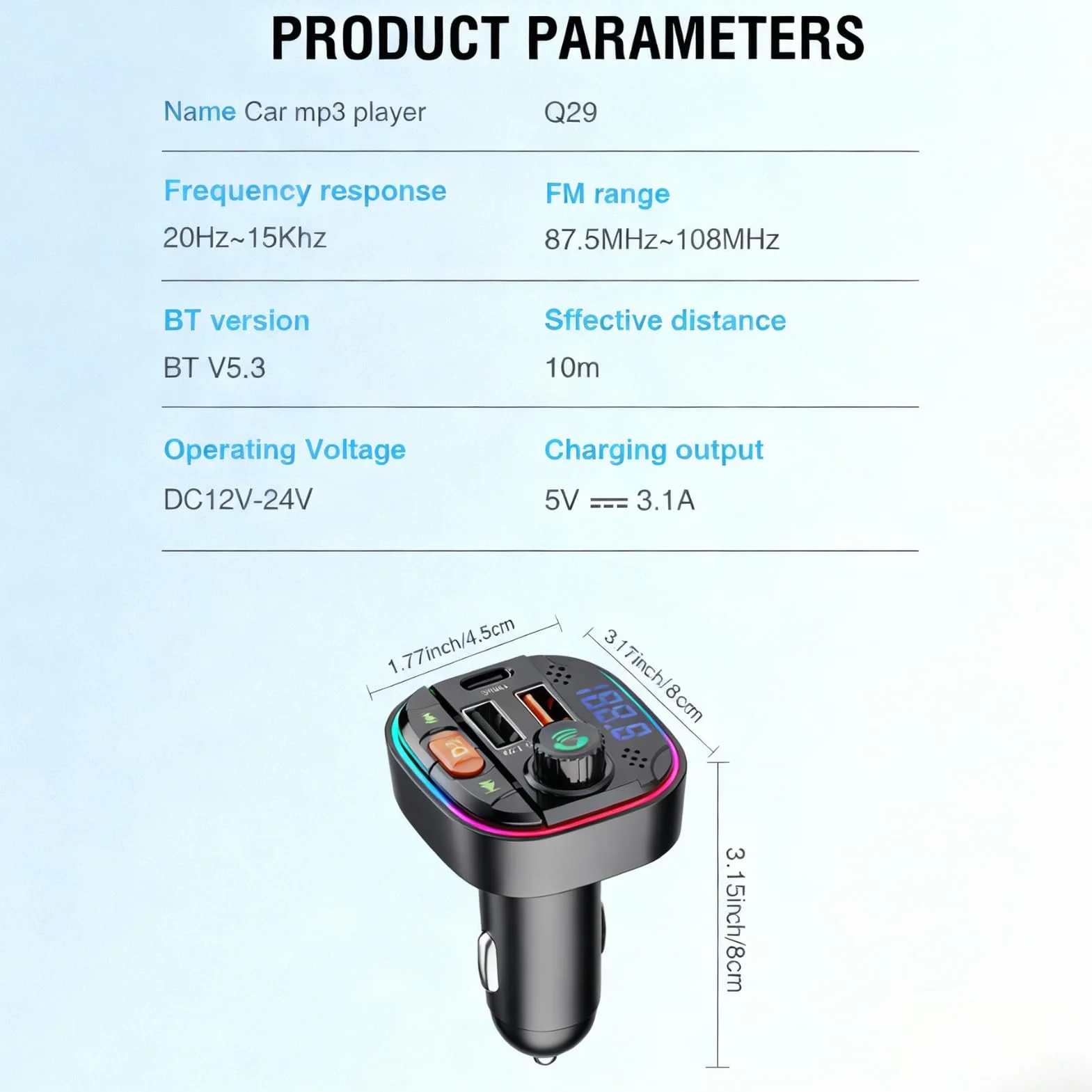 Ouitbe ładowarka samochodowa Bluetooth DC12-24V FM transmiter typ C 2 porty USB odtwarzacz MP3
