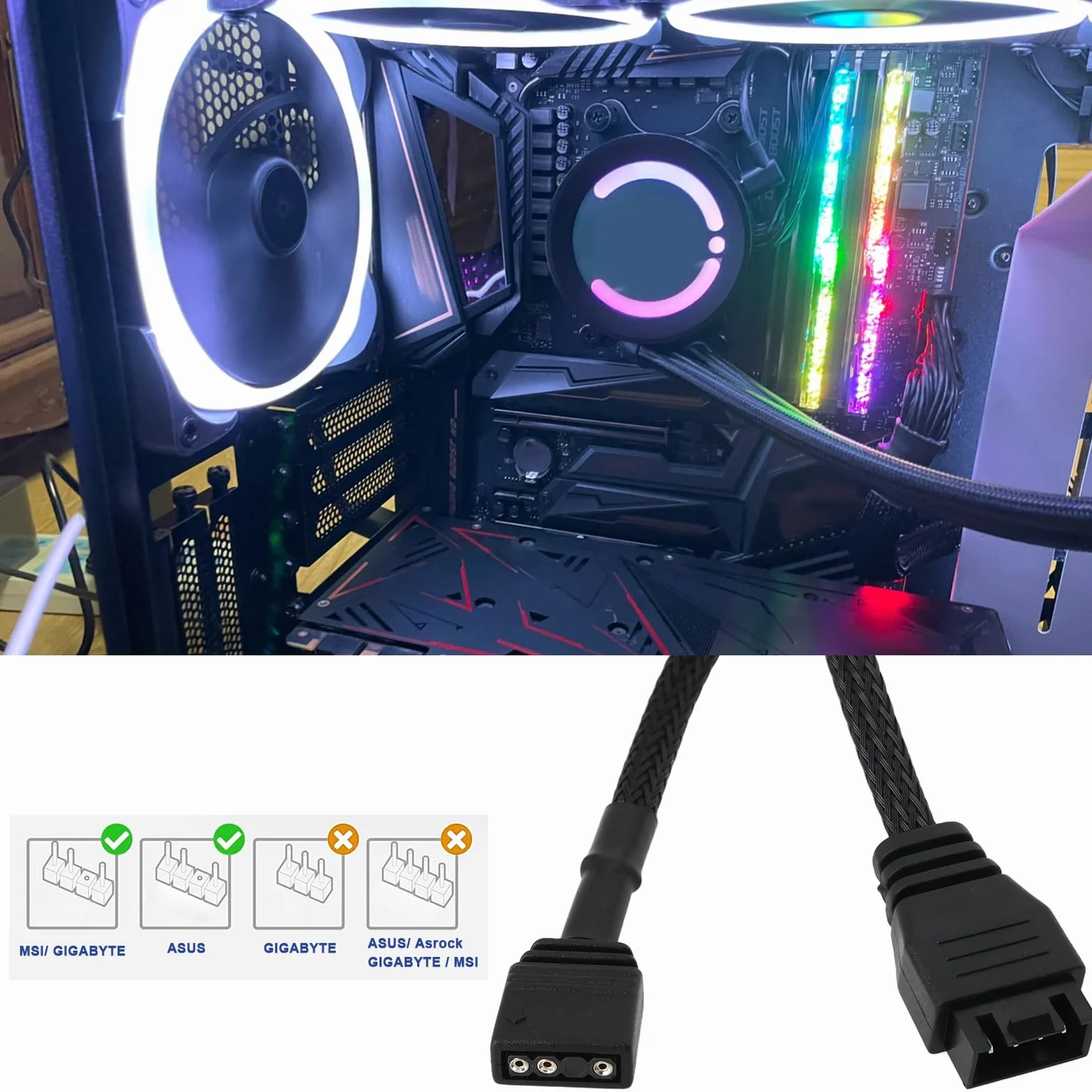 ECSiNG Adapter ARGB do płyty głównej, 3-pinowy na 4-pinowy, kabel 16,5 cm, kompatybilny z NZXT AER RGB i F120 RGB CORE