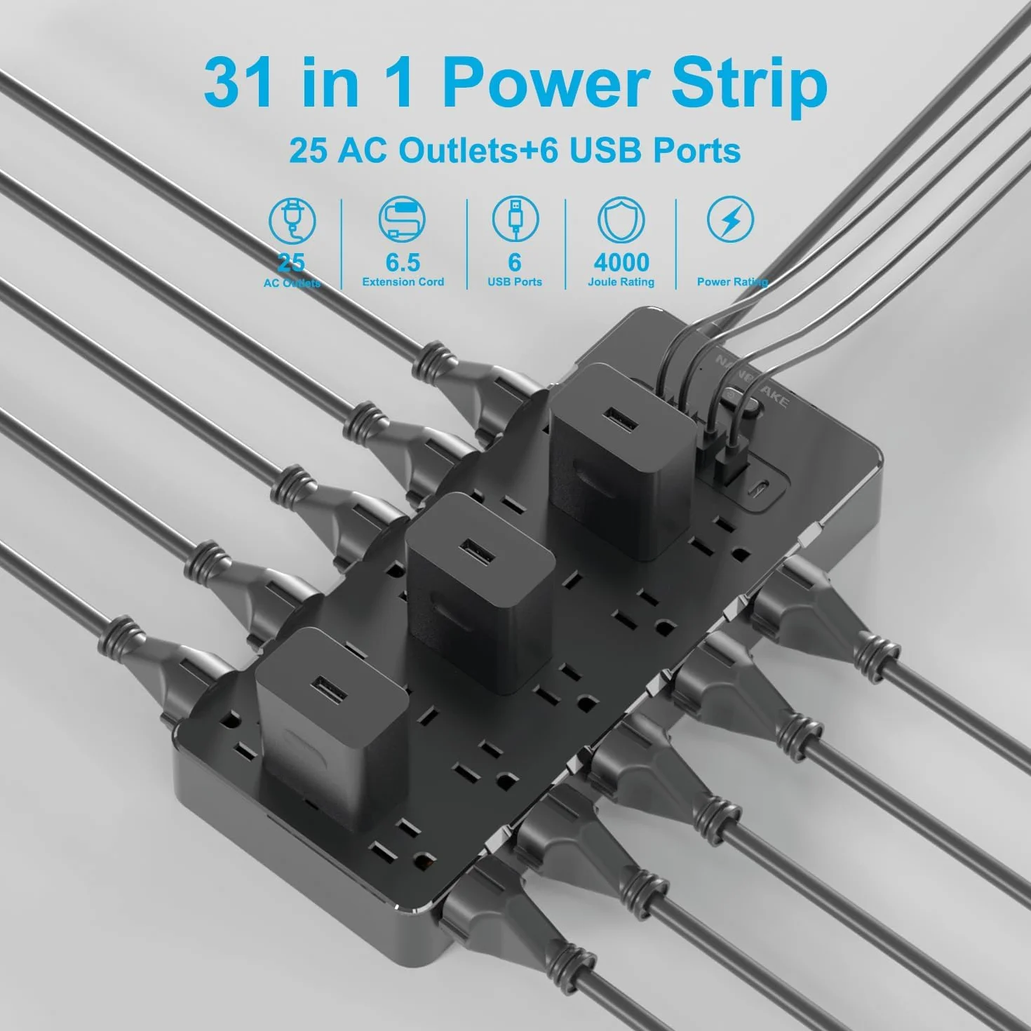 Large Power Strip Surge Protector 4000 Joules,Heavy Duty 14 Gauge Cord (Rated 15A,Max.20A),2 USB C 4 USB A Ports,Flat Plug,25 Widely AC outlets,6.5ft,Black,NANOLAKE