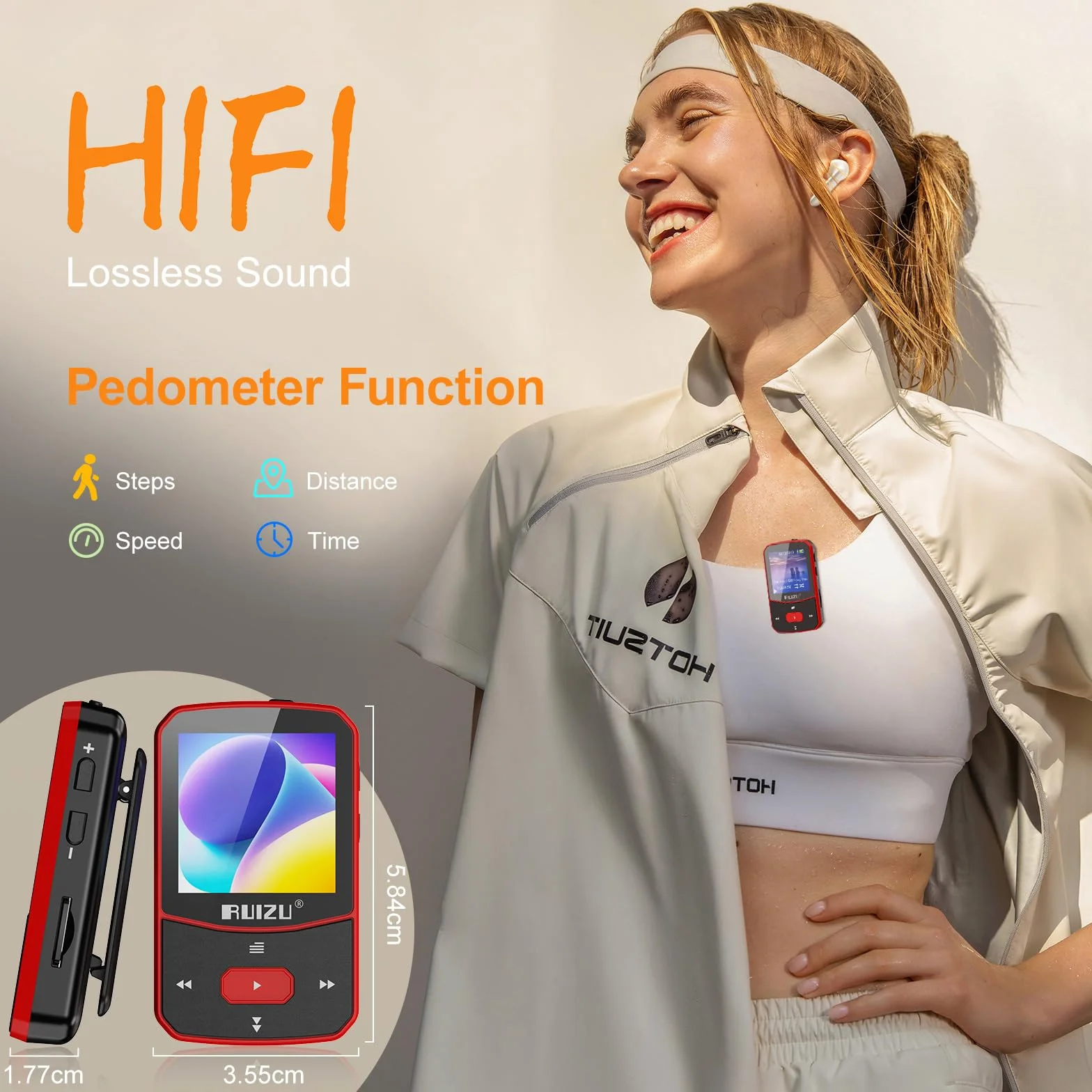 64GB odtwarzacz MP3 Bluetooth 5.3 Sport z 1.5-calowym TFT kolorowym ekranem, mini odtwarzacz muzyki z klipsem, do biegania, radio UKF, rejestrator, krokomierz, powtórzenie A-B, obsługuje kartę SD do