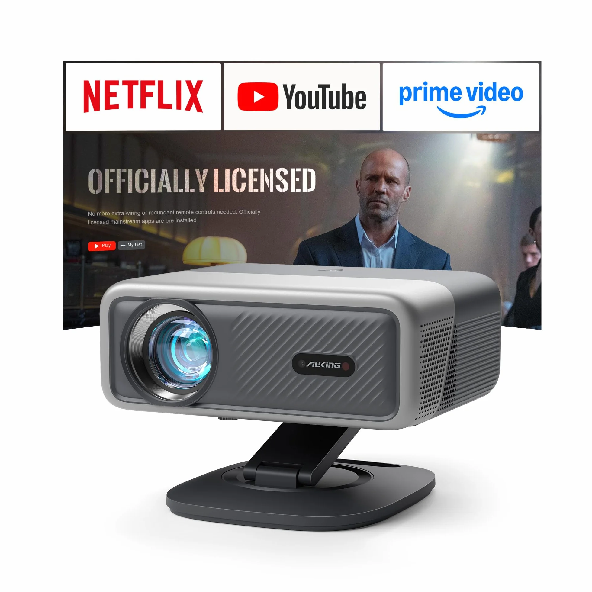 [Oficjalnie licencjonowana aplikacja i 2500ANSI] Projektor 4K z WiFi i Bluetooth, 3D Dolby Audio i Auto Focus, projektor kina domowego na zewnątrz, z regulowanym stojakiem (szary)