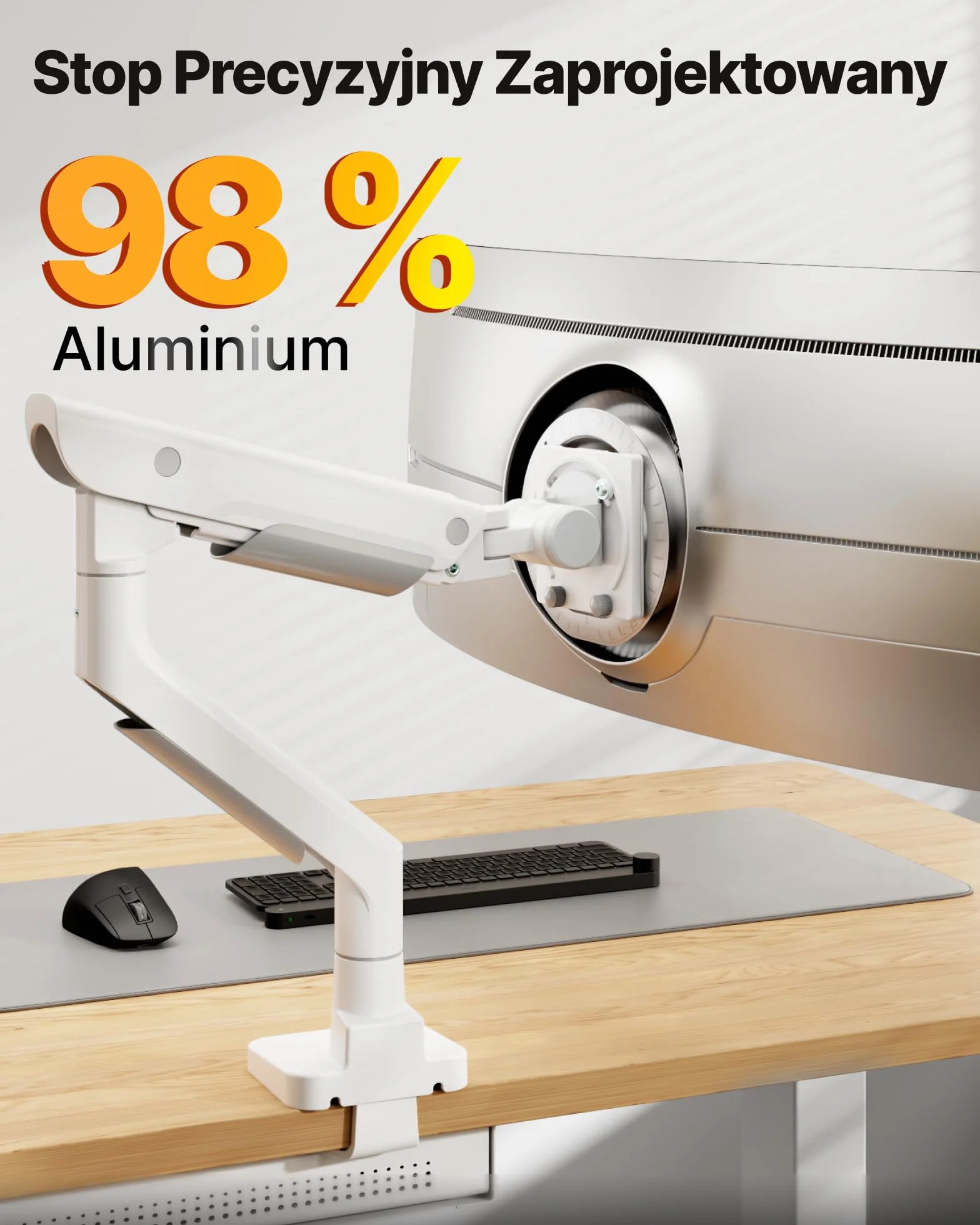 monTEK Wytrzymałe ramię do monitorów ultrapanoramicznych 17–57” do 27 kg | Aluminiowy uchwyt na jeden monitor z opcjami montażu na zacisk C lub przez otwór w blacie, VESA 75 mm/ 100 mm, Biały