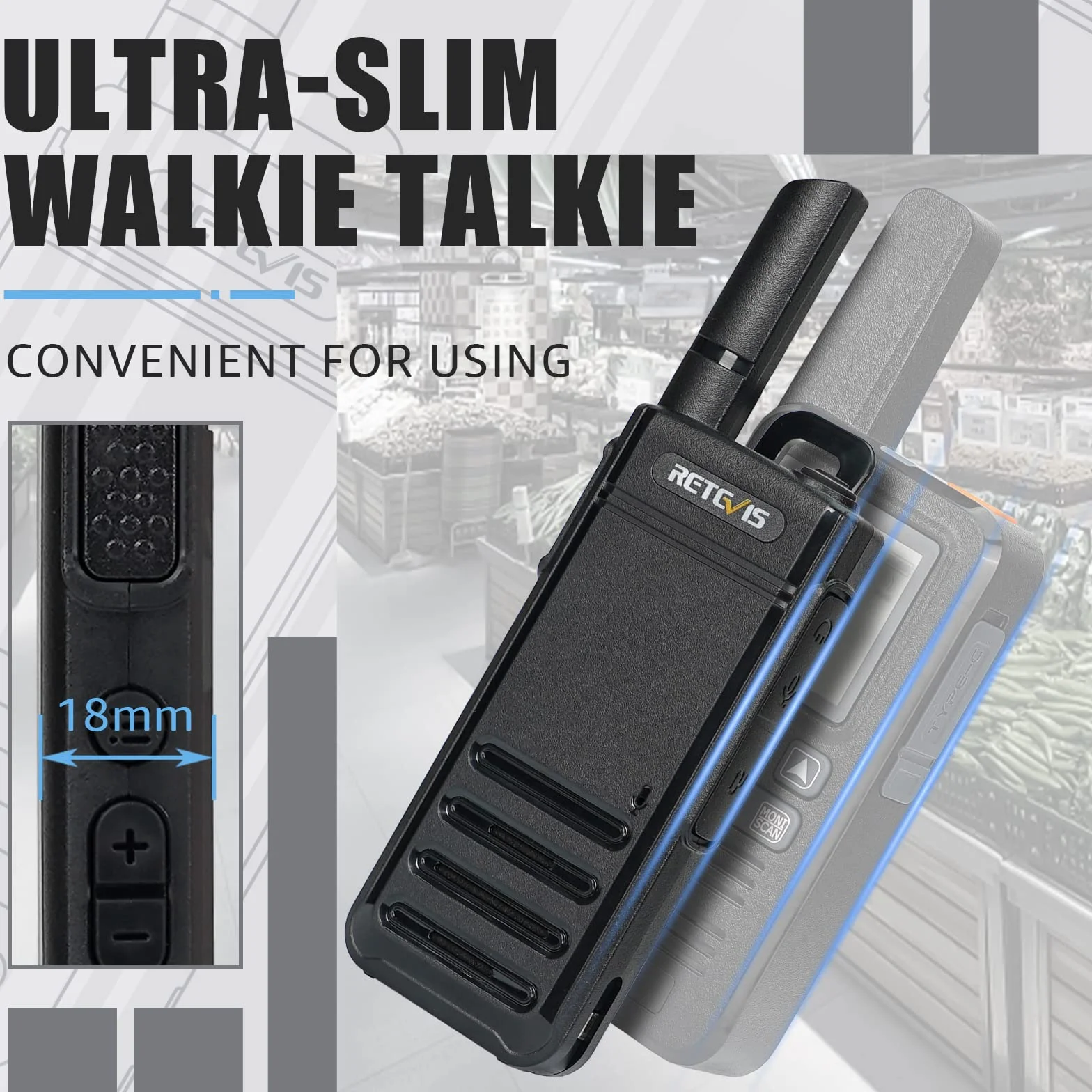 Retevis RB639P Walkie Talkie dla dorosłych, mini dwukierunkowe radio ze słuchawkami, VOX, USB-C, PMR446 Profesjonalne radio dwukierunkowe do restauracji (czarny, 4 szt)