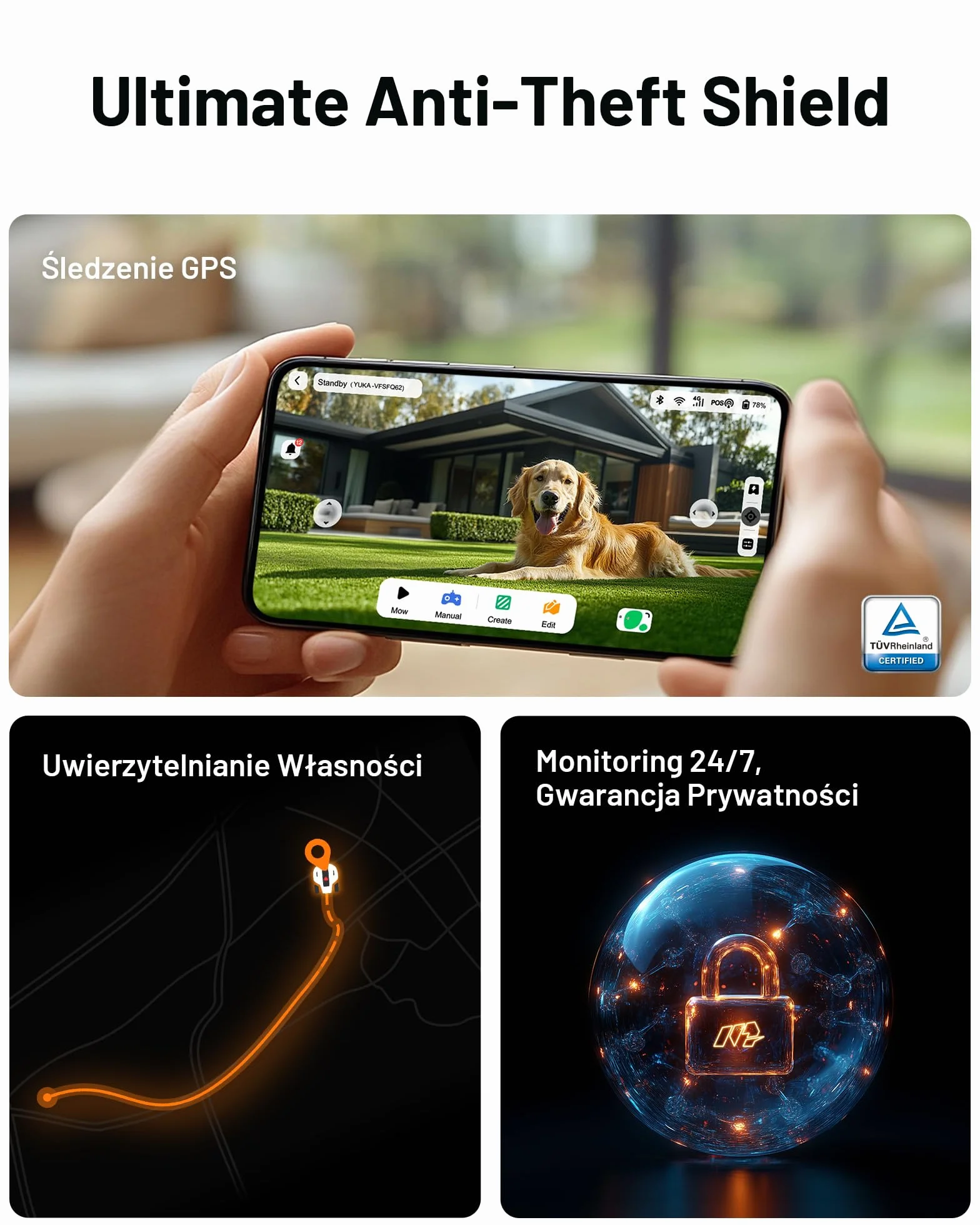 YUKA 3000 Kosiarka Automatyczna z zamiatarką, Zalecane 3000 m², maks.3400 m²,i Nachyleniu 45%, UltraSense AI Vision do Auto-Mapowania Wysokość Koszenia 20-90mm Szerokość Koszenia 320mm