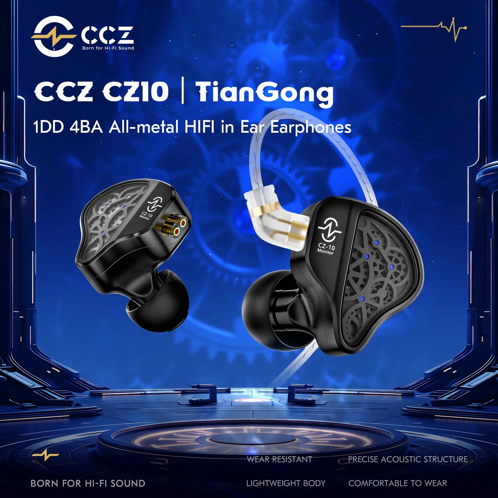 Yinyoo CCZ CZ10 IEMs Gaming with Mic 4BA+1DD in Ear Monitor HiFi przewodowe słuchawki douszne z 10 mm podwójnym magnesem PET Dynamic Driver Gaming Earbuds z odłączanym kablem 2-pinowym